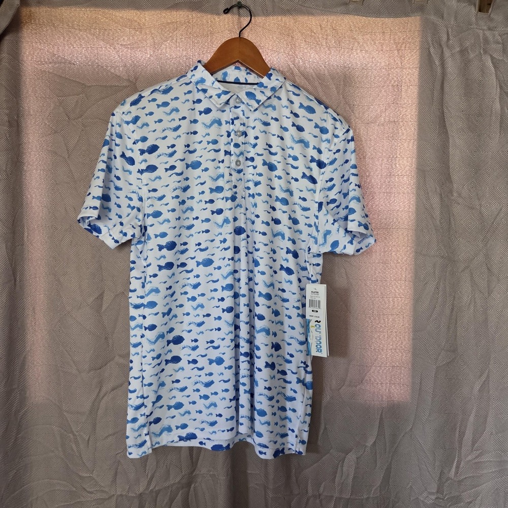 Xcaster Shirt Mens Medium White Fish Print Short Sleeve Button-Up Fishing